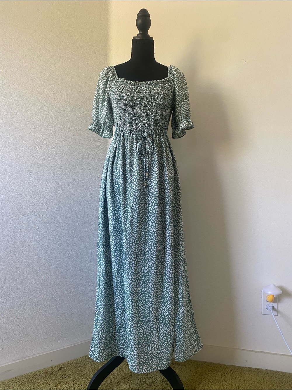 Smocked Square-Neck Maxi Dress in Sage Green